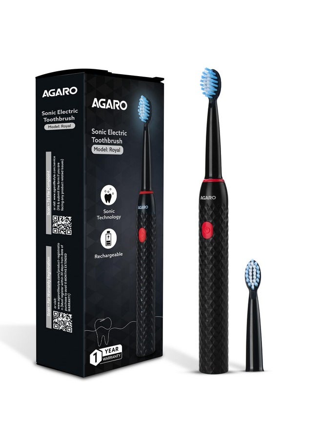 Royal Sonic Electric Toothbrush For Adults With 3 Modes, 19000 Strokes Per Minute, 2 Brush Heads, Dupont Soft Nylon Bristles, Rechargeable Lasting Up To 25 Days, Power Toothbrush, Black