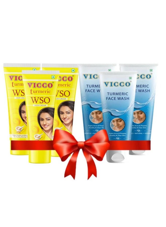 Pimples/Acne Skin Care Combo Pack Of 6 | Vicco Turmeric Cream Face Wash With Foam Base [70G | Pack Of 3] + Vicco Turmeric Wso Skin Cream [60G | Pack Of 3] | Ayurvedic Solutions For Healthy, Radiant Skin