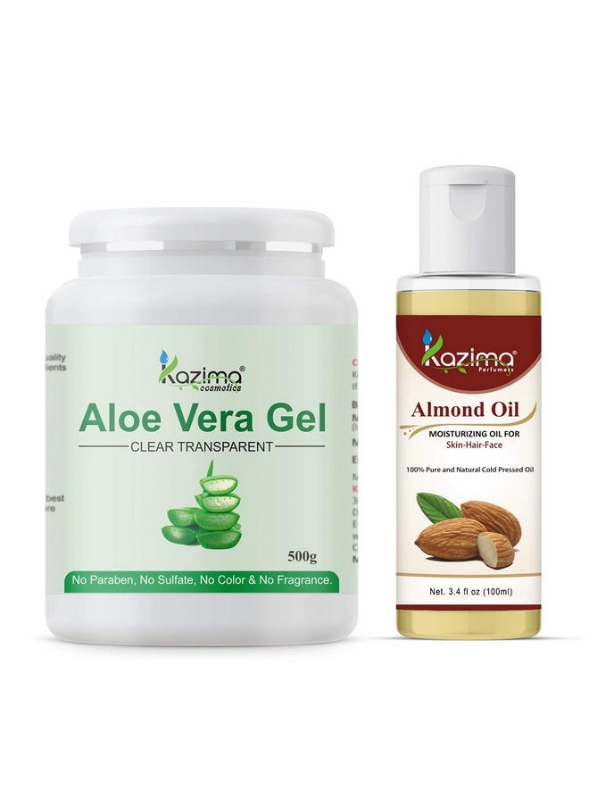Combo Of Aloe Vera Gel 500G & Almond Carrier Oil 100Ml - 100% Pure & Natural For Skin, Face, Acne Scars, Hair, Moisturizer & Dark Circles (Combo Of 2)