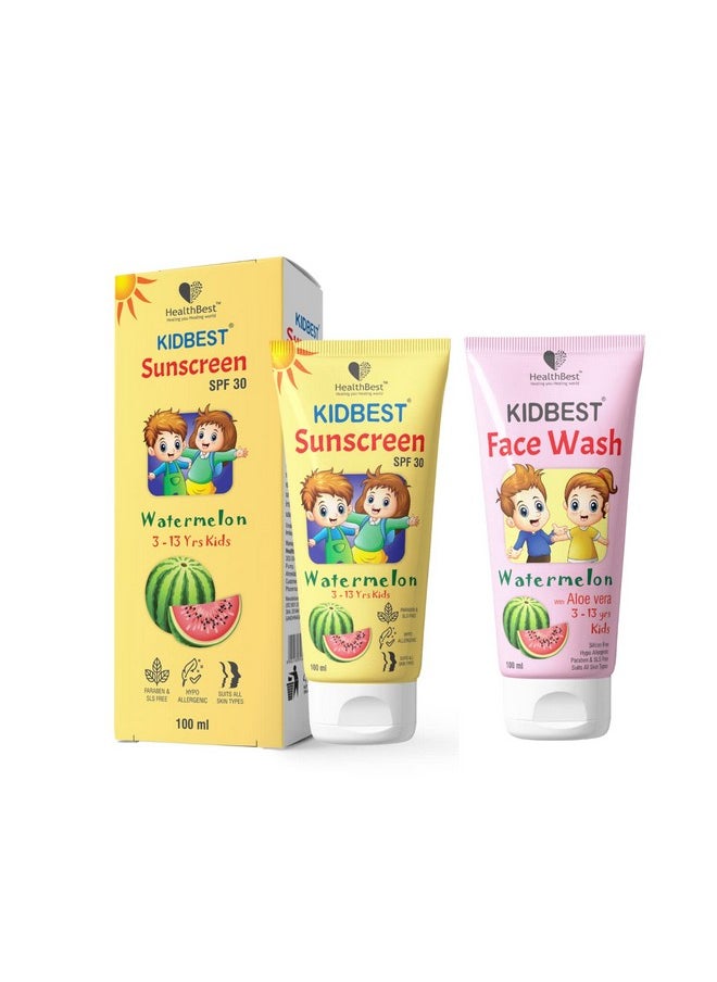 Kids Multivitamin Sunscreen Face Wash Combo - Spf 30, 100Ml, Watermelon Extracts - Gentle, Organic, Tear-Free, Paraben-Free, Sensitive Skin, Daily Skin Care For All Skin Types