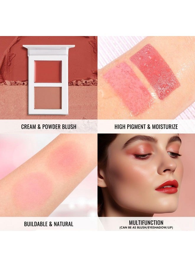 Blush For Cheeks, Highly Pigmented Soft Matte Cream Blusher Palette, Two Tone Blendable Creme & Powder Mineral Blush, Smooth Long Wear Moisturizing Rosy Glow Blushes Natural Looking, Vegan (Tipsy 01#)
