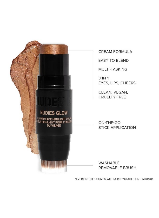 Nudies Glow Cream Highlighter Bronze + Glow 3-In-1 All Over Face Colour For Eyes, Cheeks, Lips W/Blending Brush (Brown Sugar Baby)