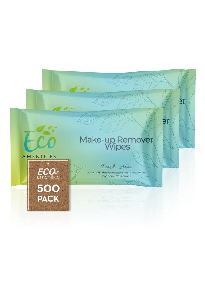 Ecoamenities Individual Makeup Remover Wipes Bulk - Travel Make Up Face Wipes Individually Wrapped For Women - 500 Pack Singles For Face, Eyes, Lips - Gentle & Suitable For All Skin Types