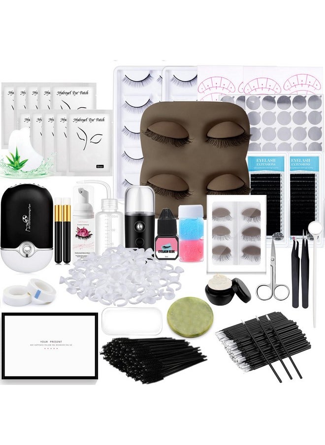 Lash Extension Kit Professional Eyelash Extensions Supplies Training For Beginners Mannequin Head Grafting Lash Usb Fan Lash Shampoo Brush Spraye 0.07D Curl Mix 8-15Mm Practice Eyelash Strips