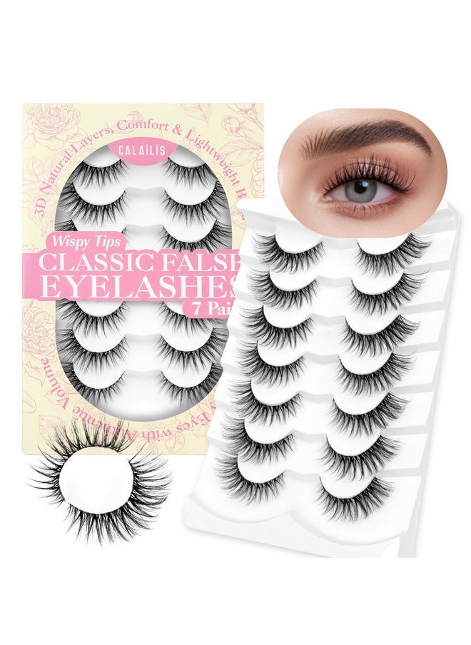 False Eyelashes Natural Look Fake Lashes Wispy 3D Fluffy False Lashes Faux Mink Fake Eyelashes Cat Eye Lashes Soft And Reusable Strip Lashes 7 Pairs (Wis01)