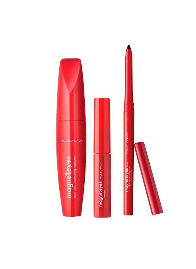 Faces Canada Magneteyes Range Trio Pack - Black, 13.35 G | Kajal + Eyeliner + Mascara | Lightweight | Long Lasting | Smooth Texture | Precise Application | Intense Color Payoff | Paraben Free