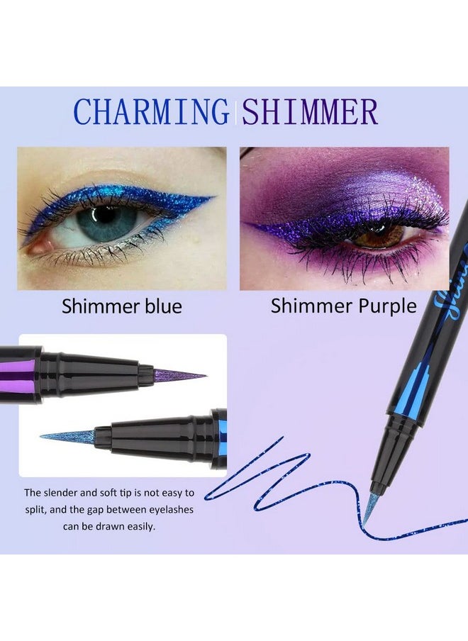 2Pcs Metallic Royal Blue & Purple Glitter Glittering Diamond Liquid Eyeliner Eye Makeup Pencil Set, Sparkle Shimmer Colored Eyeliner Pen Waterproof Smudge Proof Long Lasting High Pigmented