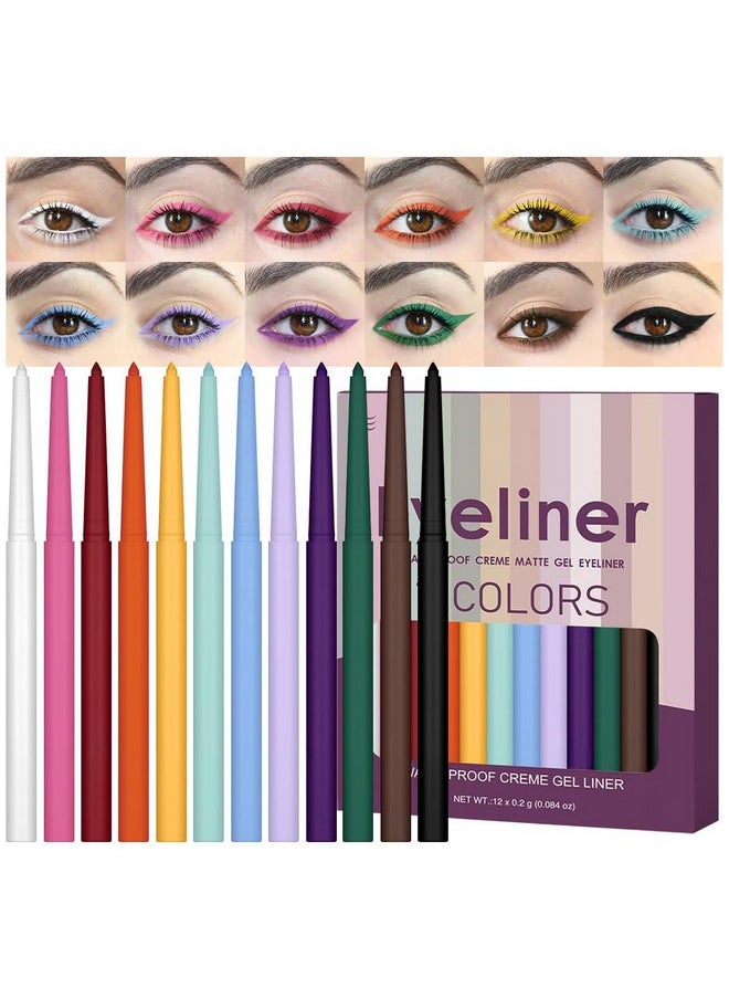 12Pcs Colored Matte Gel Eyeliner Pencils Set For Women, Green Blue White Black Auburn Yellow Orange Eyeliner Waterline Waterproof Lapiz De Ojos Delineador De Ojos Contra El Agua Eye Liner Makeup