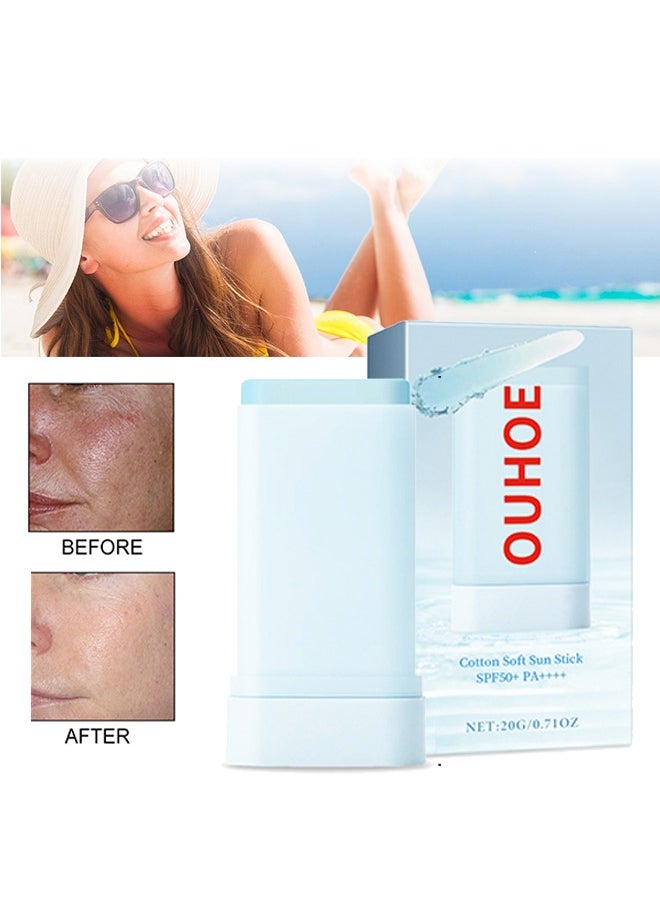 Cotton Soft Sun Stick SPF50+ PA++++, Summer outdoor resist UV moisturizing refreshing non-sticky comfortable skin feeling, Lightweight Sunscreen Stick For Face, 20G