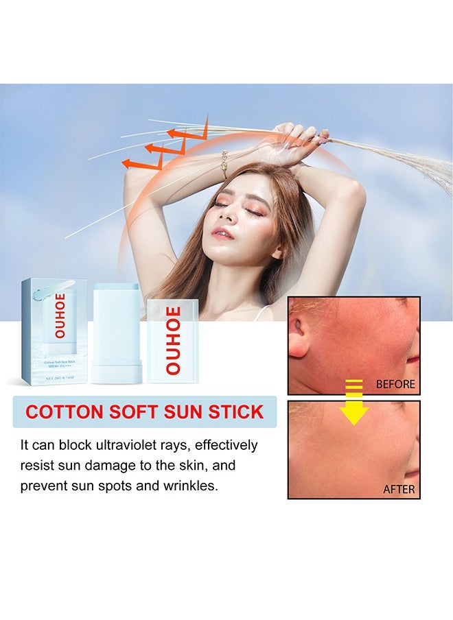 Cotton Soft Sun Stick SPF50+ PA++++, Summer outdoor resist UV moisturizing refreshing non-sticky comfortable skin feeling, Lightweight Sunscreen Stick For Face, 20G