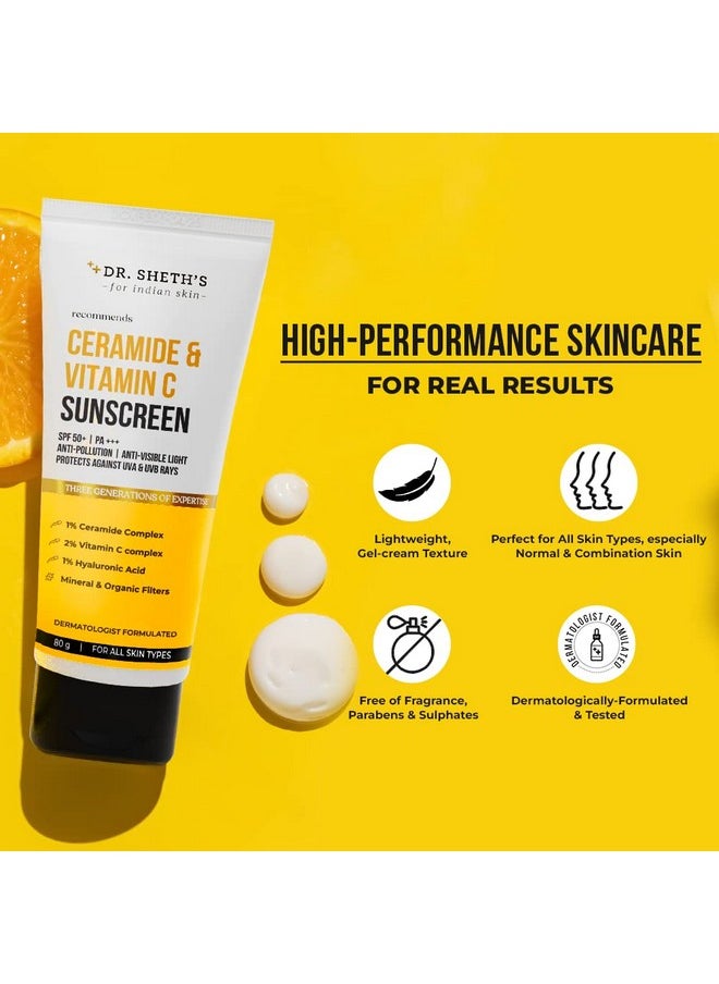 Ceramide & Vitamin C Sunscreen|In-Vivo Tested|Spf 50+ Pa+++|Bright Skin, Healthy Glow|Non-Greasy, Quick-Absorbing|No White Cast|Uva/B, Bluelight Protection|Women & Men|All Skin Types, 80G