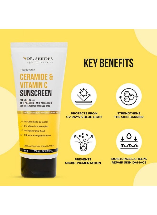 Ceramide & Vitamin C Sunscreen|In-Vivo Tested|Spf 50+ Pa+++|Bright Skin, Healthy Glow|Non-Greasy, Quick-Absorbing|No White Cast|Uva/B, Bluelight Protection|Women & Men|All Skin Types, 80G