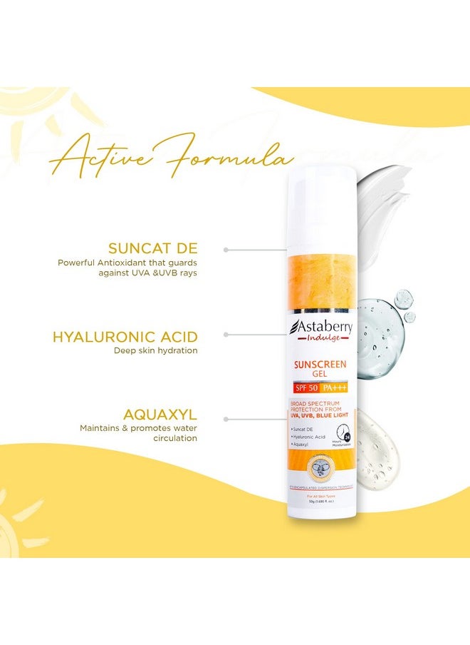 Indulge Sunscreen Gel Spf 50 Pa+++ |Broad Spectrum Protection From Uva/B & Blue Light| Suncat De & No White Cast | Light Weight & Non Greasy- 50G