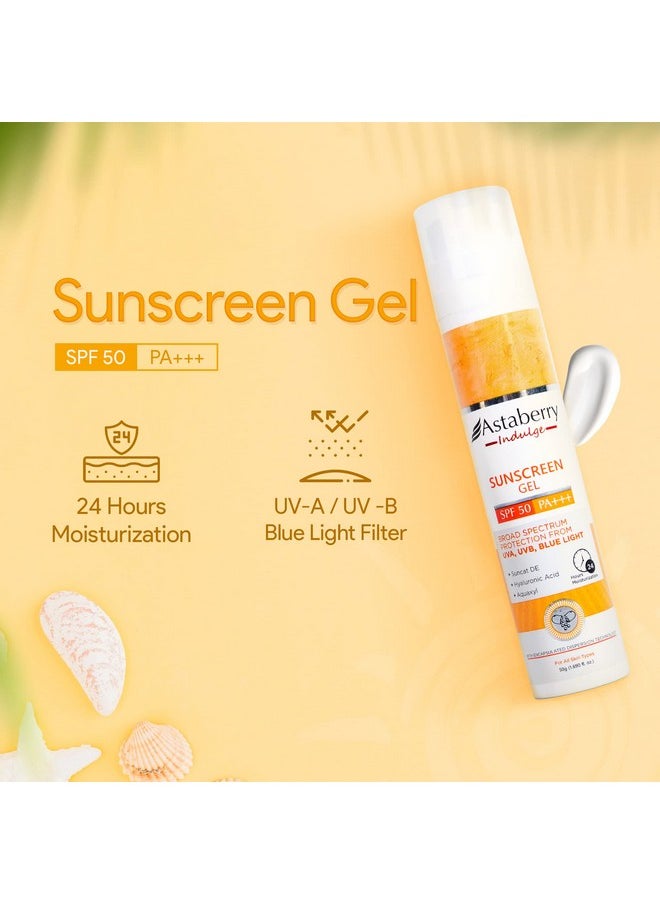 Indulge Sunscreen Gel Spf 50 Pa+++ |Broad Spectrum Protection From Uva/B & Blue Light| Suncat De & No White Cast | Light Weight & Non Greasy- 50G