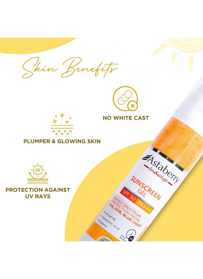 Indulge Sunscreen Gel Spf 50 Pa+++ |Broad Spectrum Protection From Uva/B & Blue Light| Suncat De & No White Cast | Light Weight & Non Greasy- 50G