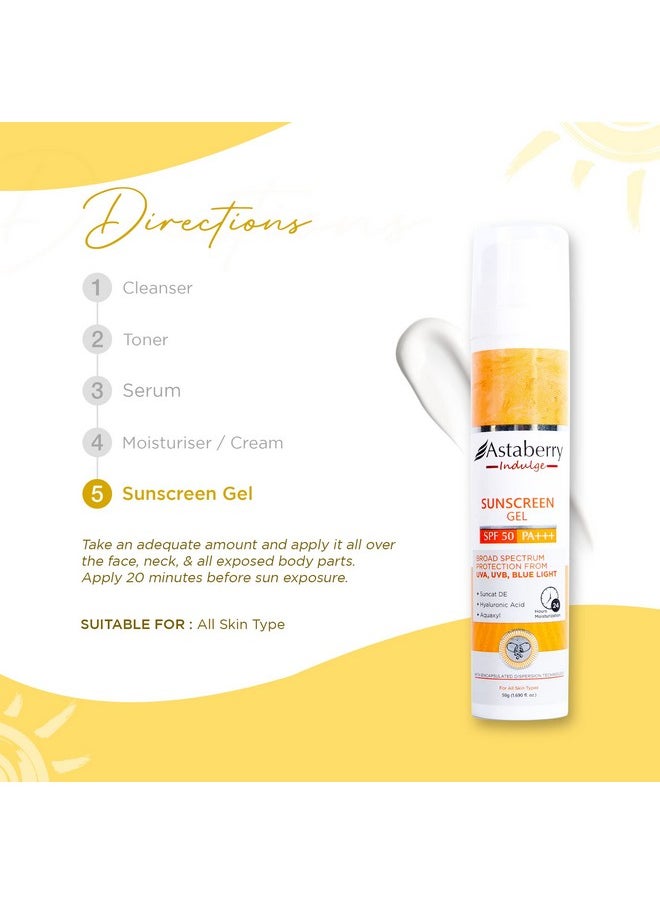 Indulge Sunscreen Gel Spf 50 Pa+++ |Broad Spectrum Protection From Uva/B & Blue Light| Suncat De & No White Cast | Light Weight & Non Greasy- 50G
