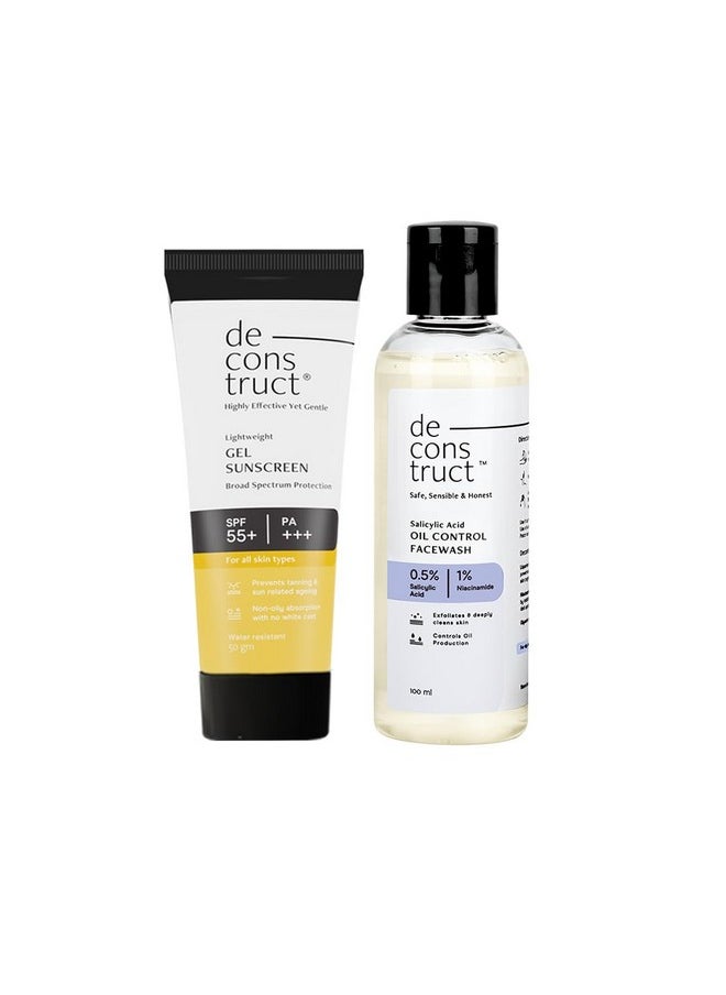 Oily Skin Essentials: Salicylic Oil Control Face Wash Cleanser & Spf 50+ Gel Sunscreen | Oil Control Face Wash (100Ml) And Gel Sunscreen (50G) | No White Cast Gel Sunscreen And Facewash Removes Dirt | Pack Of 2