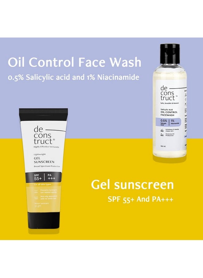 Oily Skin Essentials: Salicylic Oil Control Face Wash Cleanser & Spf 50+ Gel Sunscreen | Oil Control Face Wash (100Ml) And Gel Sunscreen (50G) | No White Cast Gel Sunscreen And Facewash Removes Dirt | Pack Of 2