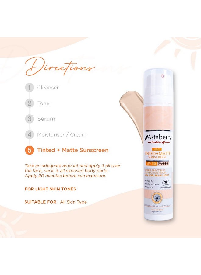 Indulge Tinted Matte Sunscreen Spf 50 Pa+++ | Broad Spectrum Protection From Uva/B & Blue Light | Suncat De & No White Cast |Provides A Light Tint - 50G (Light)