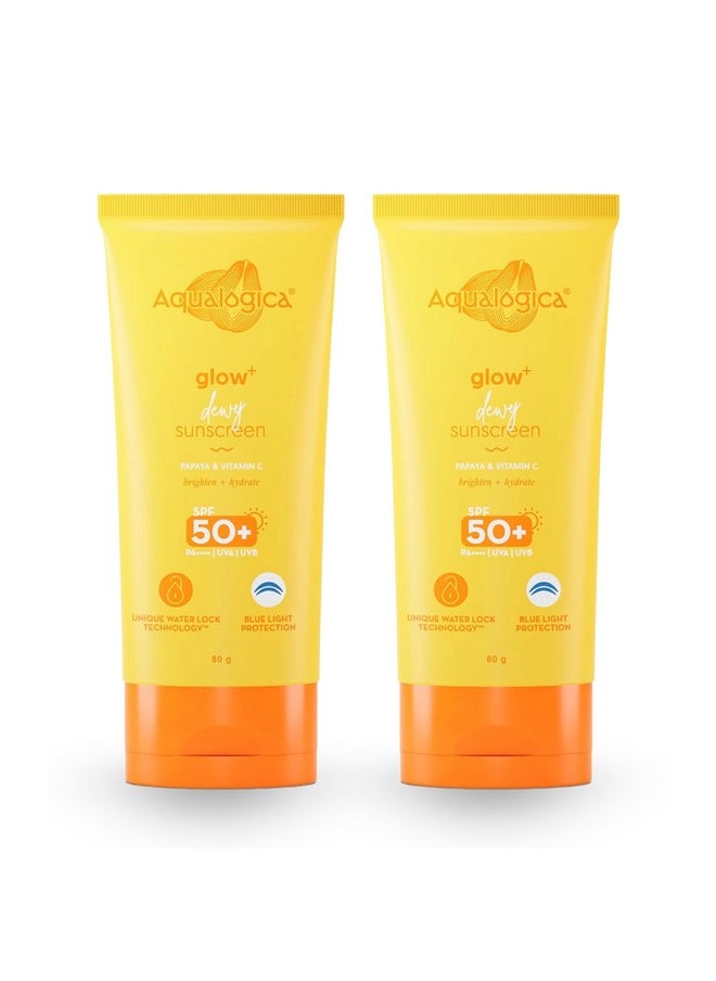 Glow+ Dewy Lightweight & Hydrating All Skin Type Sunscreen With Spf 50+ & Pa++++ For Uva/B & Blue Light Protection & No White Cast - 80G Pack Of 2