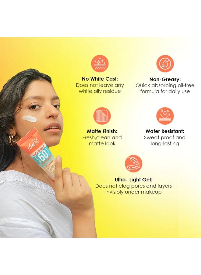 Invisible Spf 50 Sunscreen Pa++++ For All Skin Types Gel Based Oil Free Matte Finish, Ultra Light, For Oily And Dry Skin Paraben Free For Indian Summer Complete Sun Protection Formula | Halal Certified & Vegan 100 G (Pack Of 2)