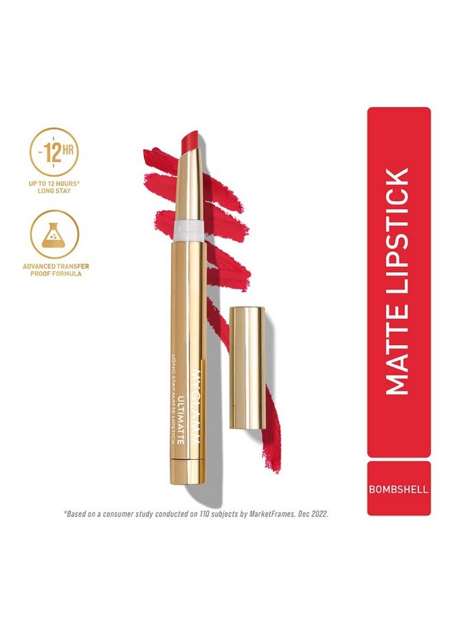 Ultimatte Long Stay Matte Lipstick - Bombshell (Red) | Long Lasting Lipsticks For Women With 12Hr Stay | Transfer Proof | Rich Colour | Moisturising, Lightweight Formula | 1.3G