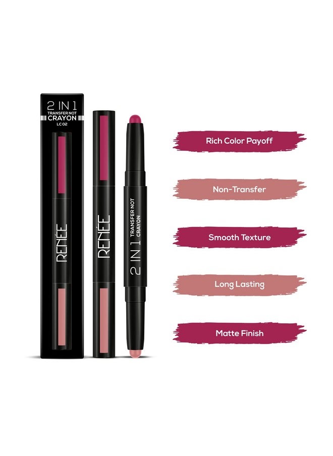 2 In 1 Transfer Not Crayon Lc 02, 4Gm| Long Lasting & Smudge Proof Formula| Matte Lip Color With 1 Light & Dark Shades| Enriched With Shea Butter