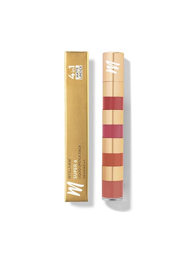 Super 4 Liquid Lipstick Stack - Nude Mood (Rose + Mauve + Brown + Pink) | Lipstick Combo Of 4 | Non Transfer, Smudge Proof 4 In 1 Velvet Matte Lipstick (4.8Ml)