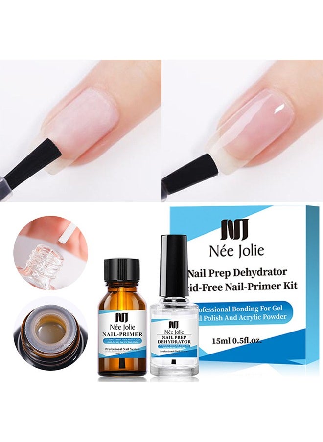 Nail Prep Dehydrator Acid-Free Nail-Primer Kit，Professional Natural Nail Prep Dehydrating and Acid Free Primer, Acrylic and Gel Nail Polish Dehydrator, Non-Acid Primer for UV Gels Quick Dry Premium Adhesive Set