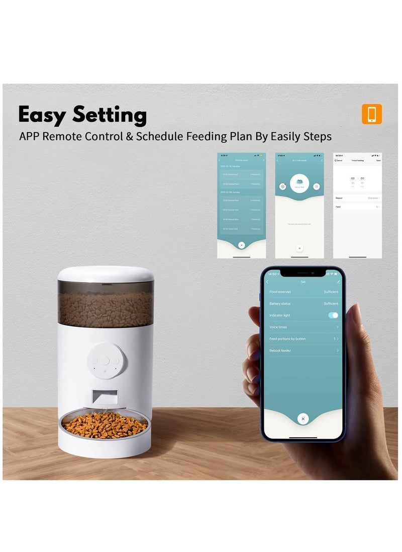 Automatic Cat Feeder, WiFi Cat Feeder with APP Control for Cats and Dogs, 4L Dog Feeder with Stainless Steel Bowl, 15 Meals Per Day, Up to 10s Meal Call for Pets