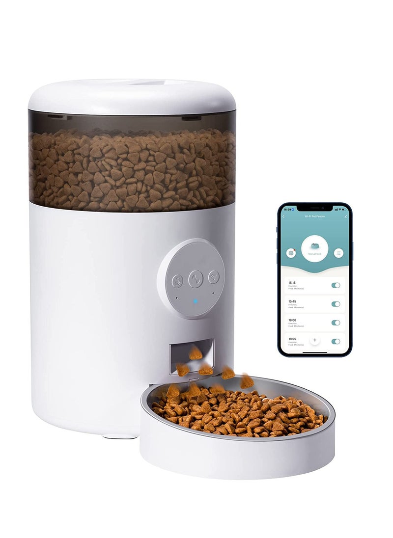 Automatic Cat Feeder, WiFi Cat Feeder with APP Control for Cats and Dogs, 4L Dog Feeder with Stainless Steel Bowl, 15 Meals Per Day, Up to 10s Meal Call for Pets