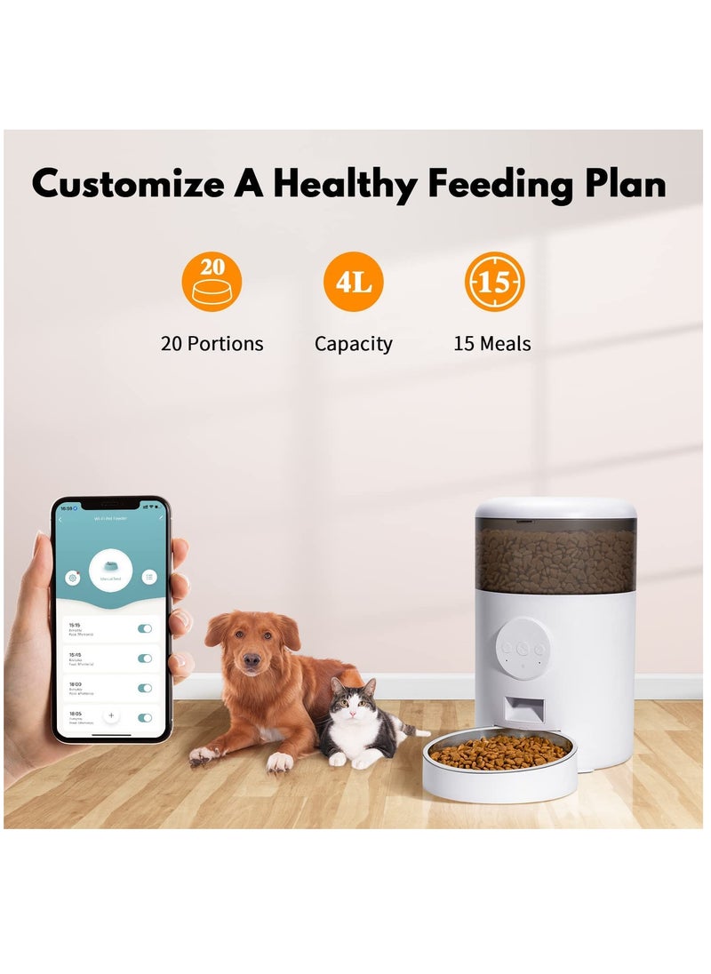 Automatic Cat Feeder, WiFi Cat Feeder with APP Control for Cats and Dogs, 4L Dog Feeder with Stainless Steel Bowl, 15 Meals Per Day, Up to 10s Meal Call for Pets