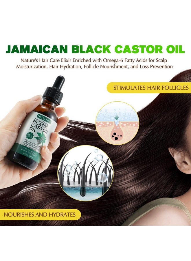 Castor Oil (2Pack), Jamaican Black Castor Oil Organic Cold Presse Glass Bottle, Castor Oil For Hair And Eyelashes Growth, Skin Moisturizer And Body Massag Oil, Hexane Free, 2.02 Fl Oz