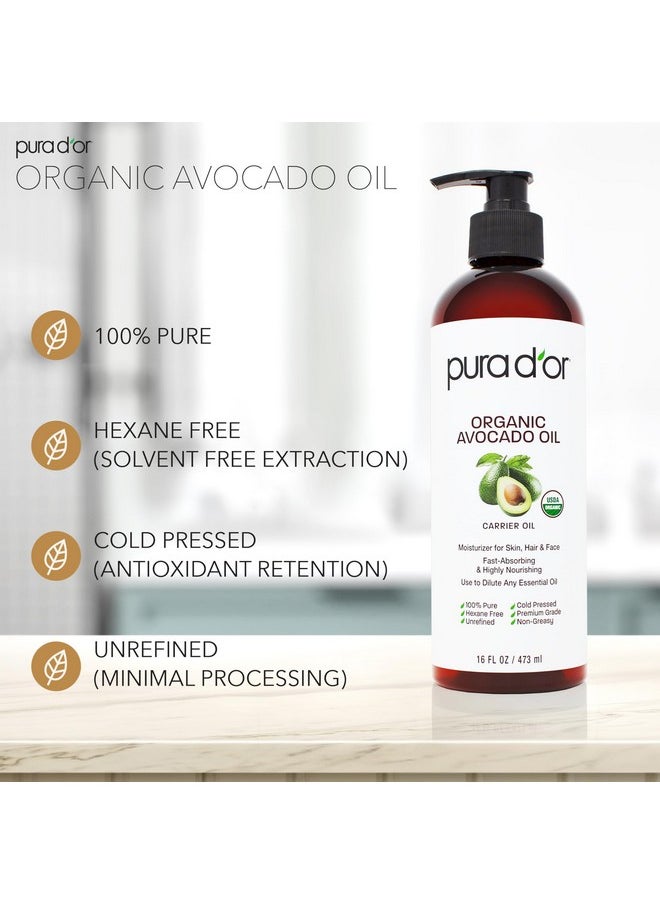 16 Oz Organic Avocado Oil - 100% Pure & Natural Usda Certified Cold Pressed Carrier Oil For Diy Beauty, Non-Greasy, Unscented, Hexane Free Liquid Moisturizer - Face Skin & Hair - Men & Women