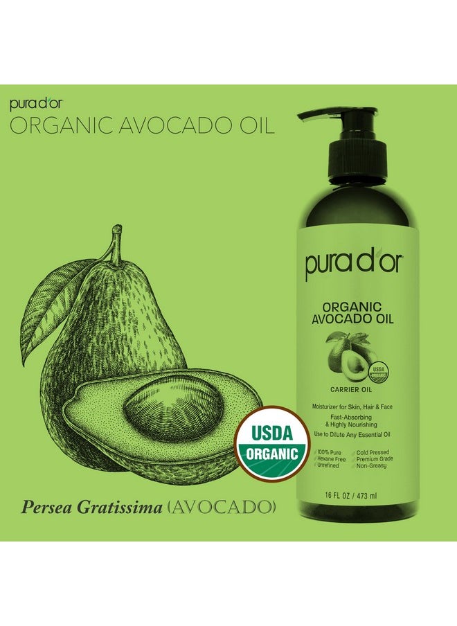 16 Oz Organic Avocado Oil - 100% Pure & Natural Usda Certified Cold Pressed Carrier Oil For Diy Beauty, Non-Greasy, Unscented, Hexane Free Liquid Moisturizer - Face Skin & Hair - Men & Women