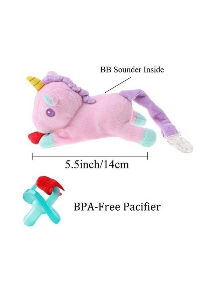 Baby Infant Stuffed Animal Pacifier Holder - Plush Toy Unicorn Detachable Soothie Pacifier, Silicone Pacifier for 12 Months Infant Baby