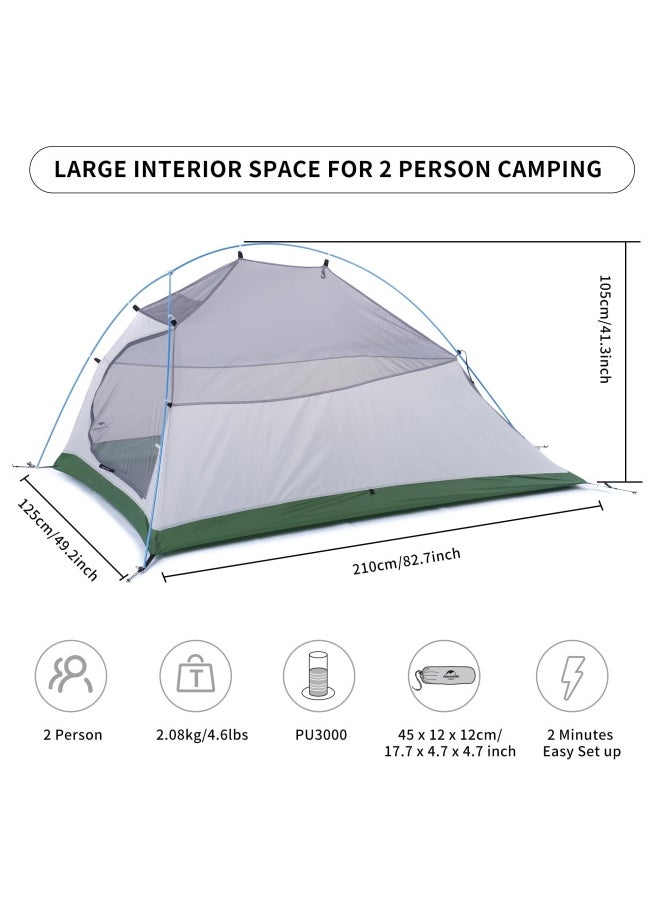 Updated Cloud Up 2 Tent | 2-Person Rectangular Camping Tent | 210T Nylon, Waterproof | (210+60) X 125 X 100 Cm | Features: Ykk Zippers, Full-Coverage Rainfly | Color - Bud Green