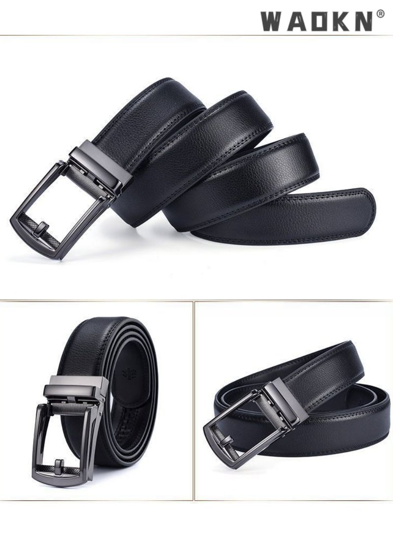 Men Business Style Belt , Mens Ratchet Belts Black Retro Luxury Leather Man Belt  Buckle Automatic Fashion Style- Perfect Companion to Mens Dress Shoes (130 cm, Black)
