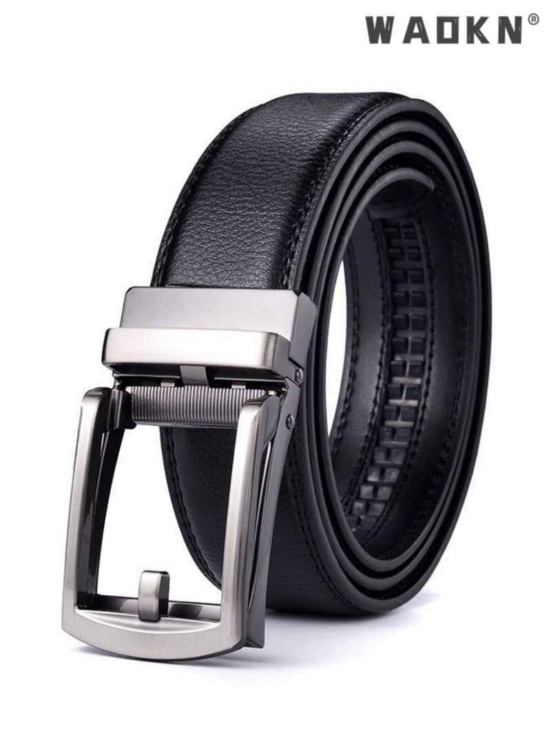 Men Business Style Belt , Mens Ratchet Belts Black Retro Luxury Leather Man Belt  Buckle Automatic Fashion Style- Perfect Companion to Mens Dress Shoes (130 cm, Black)