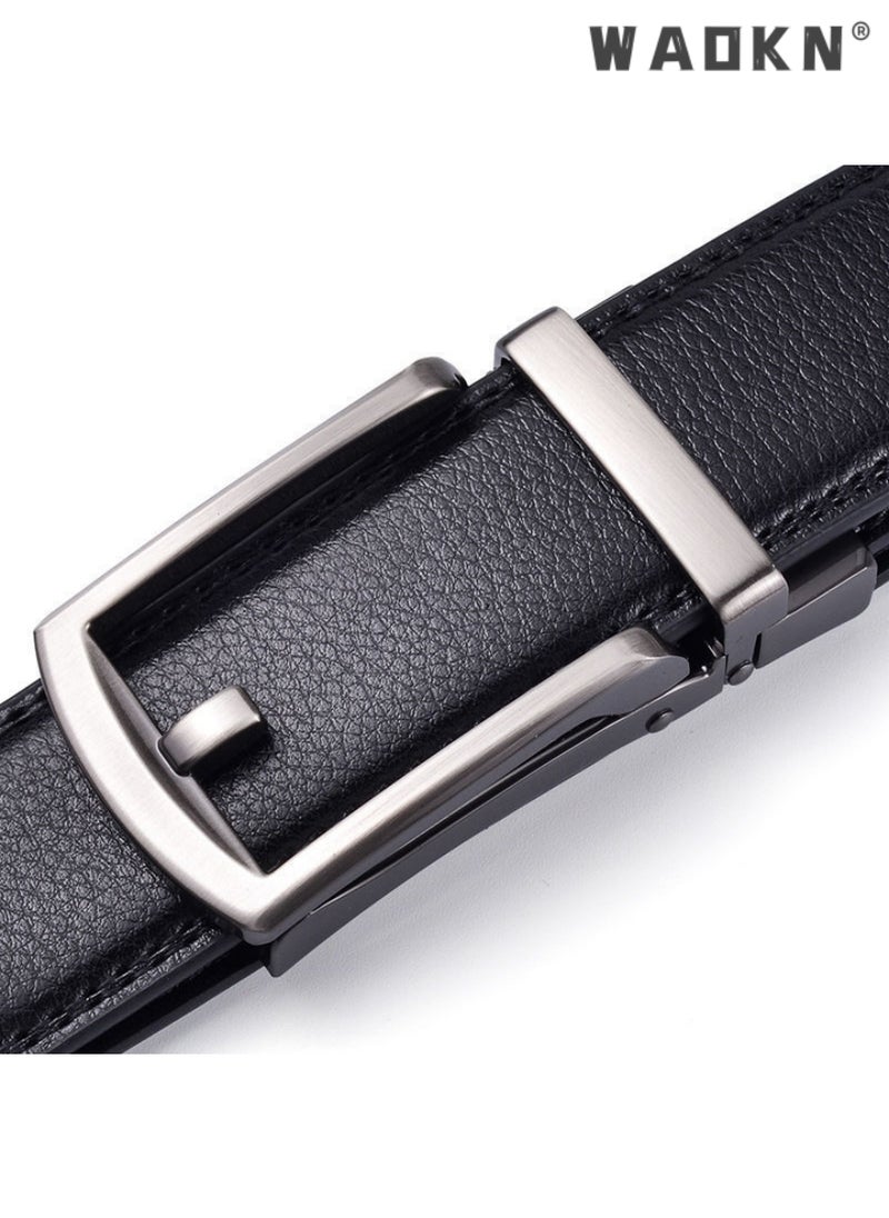 Men Business Style Belt , Mens Ratchet Belts Black Retro Luxury Leather Man Belt  Buckle Automatic Fashion Style- Perfect Companion to Mens Dress Shoes (130 cm, Black)