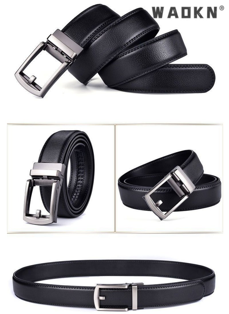 Men Business Style Belt , Mens Ratchet Belts Black Retro Luxury Leather Man Belt  Buckle Automatic Fashion Style- Perfect Companion to Mens Dress Shoes (130 cm, Black)
