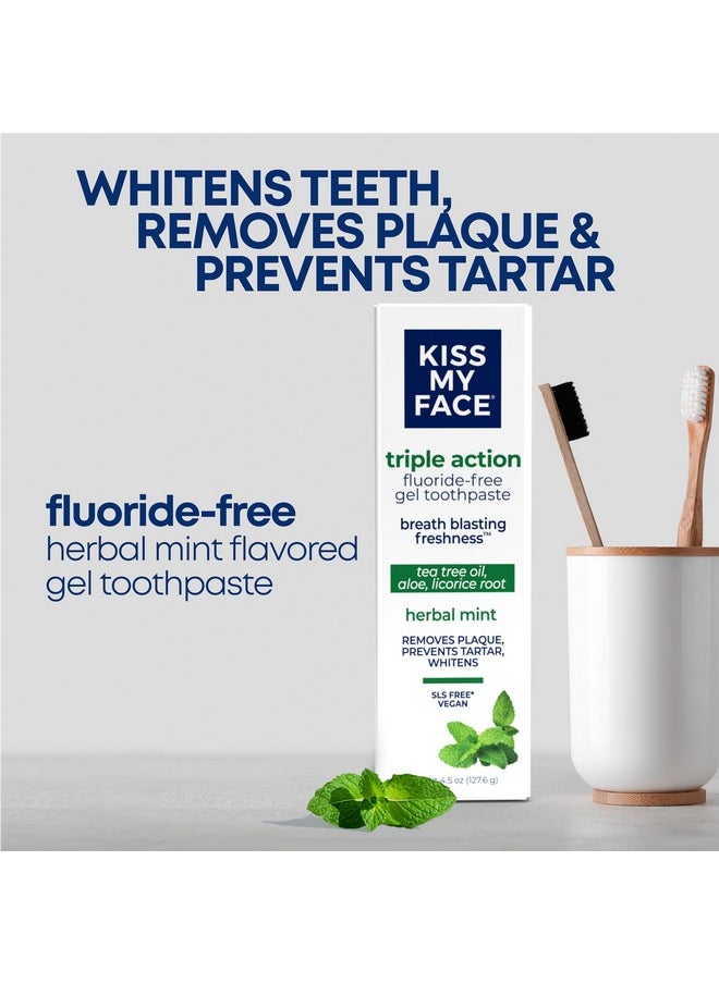 Triple Action Toothpaste Gel, Herbal Mint Flavor, Removes Plaque, Whitens Teeth, Prevents Tartar, With Tea Tree Oil And Aloe, Fluoride Free, Vegan, 4.5 Oz, 3 Pack