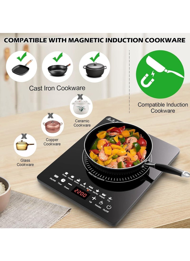 Portable Induction Cooktop, Countertop Burner with Multi-Function, 2200w Electric Stove with Easy Clean Glass, 8 Modes Sensor Touch Cooker