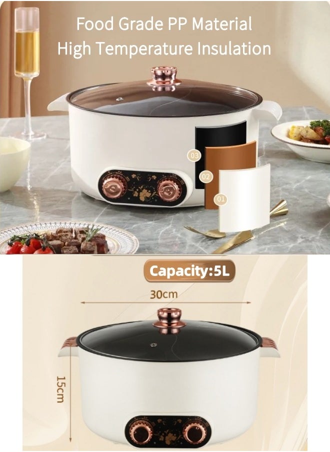 Electric Hot Pot Non-Stick Electric Cooker  5L Multifunctional Portable Pot for Cooking, 1000W Rapid Noodles Electric Pot, Non-Stick Frying Pans for Steak, Egg, Ramen, Oatmeal with Dual Power Adjustment