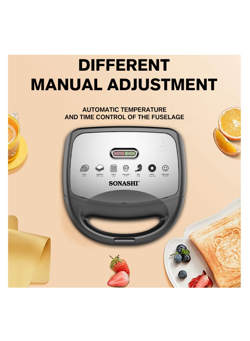 7-In-1 Non-Stick Multi Snack Maker with Detachable Sandwich/Grill/Waffle/Donut/Nutty/Smile/Shell Cake Plates | Compact Body with Cool-touch Handle | Indicator Light with Auto Cut-OFF feature | Anti-skid Feet | 800 W SSM-862N Black/Silver