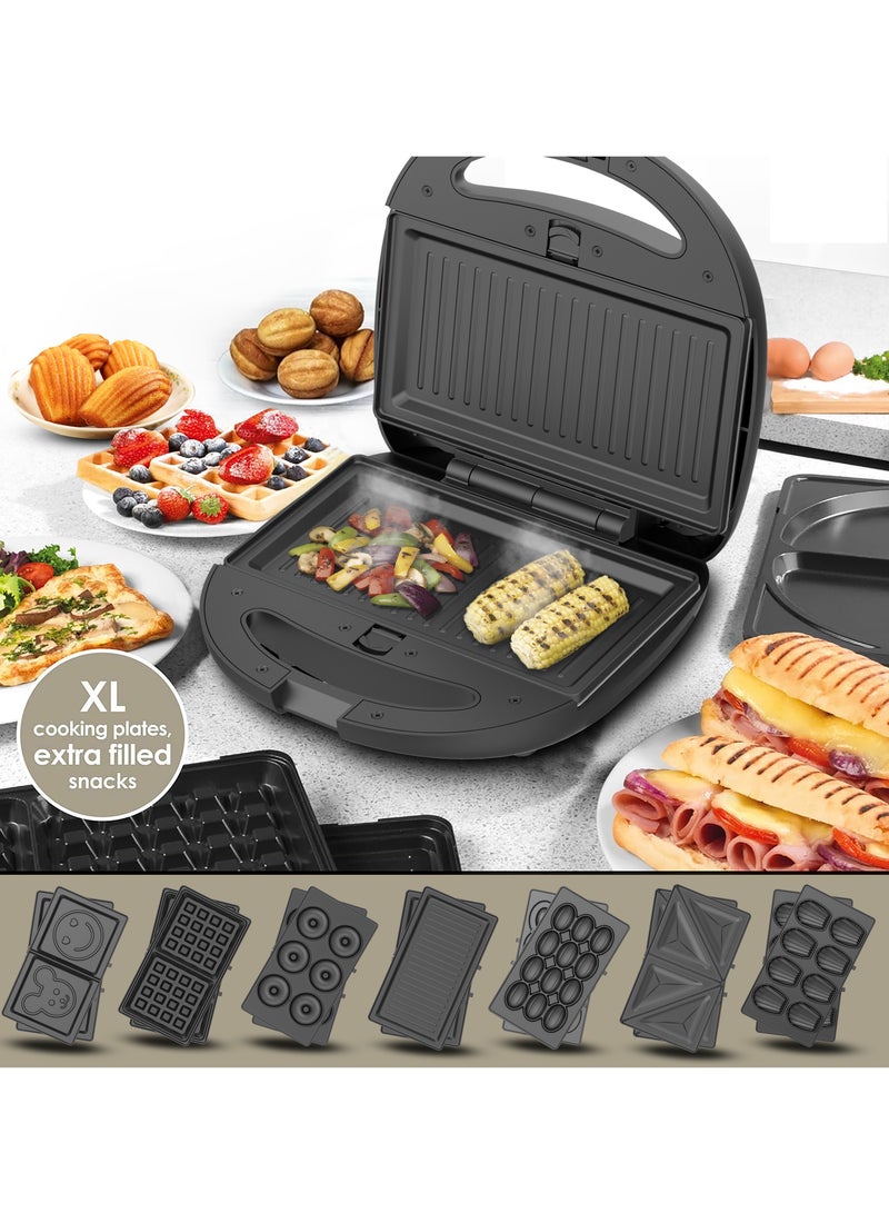 7-In-1 Non-Stick Multi Snack Maker with Detachable Sandwich/Grill/Waffle/Donut/Nutty/Smile/Shell Cake Plates | Compact Body with Cool-touch Handle | Indicator Light with Auto Cut-OFF feature | Anti-skid Feet | 800 W SSM-862N Black/Silver