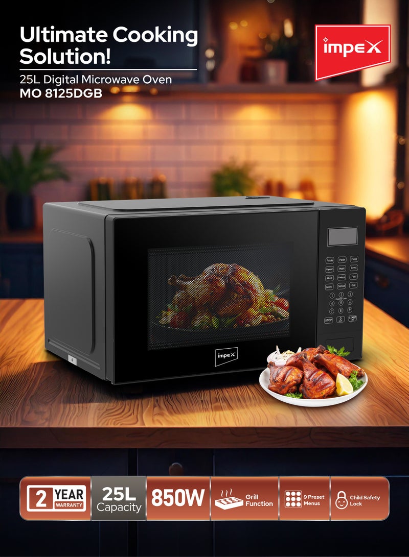 25L Digital Grill Microwave Oven With 850W Power, 9 Preset Menus, 1000W Grill Output, Child Safety Lock, 10 Power Levels, Defrost Settings, 285mm Glass Turntable, Timer, Push Button Door 25 L 850 W MO 8125DGB Black