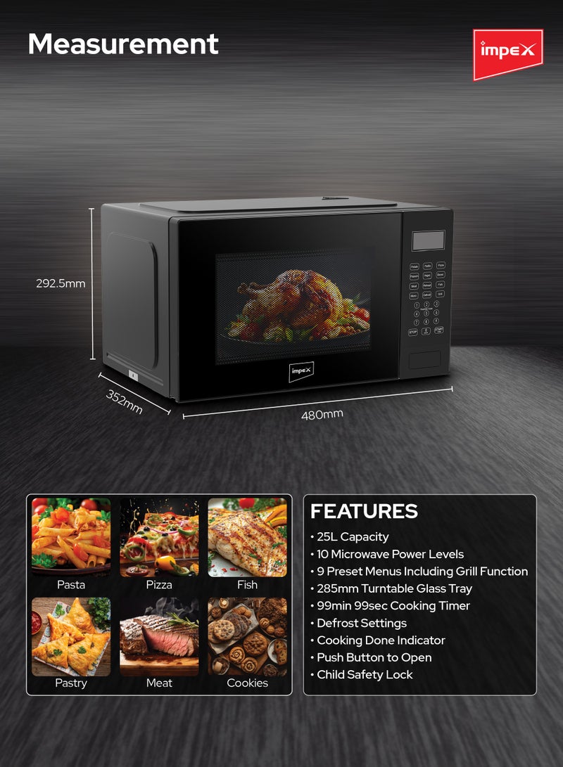 25L Digital Grill Microwave Oven With 850W Power, 9 Preset Menus, 1000W Grill Output, Child Safety Lock, 10 Power Levels, Defrost Settings, 285mm Glass Turntable, Timer, Push Button Door 25 L 850 W MO 8125DGB Black