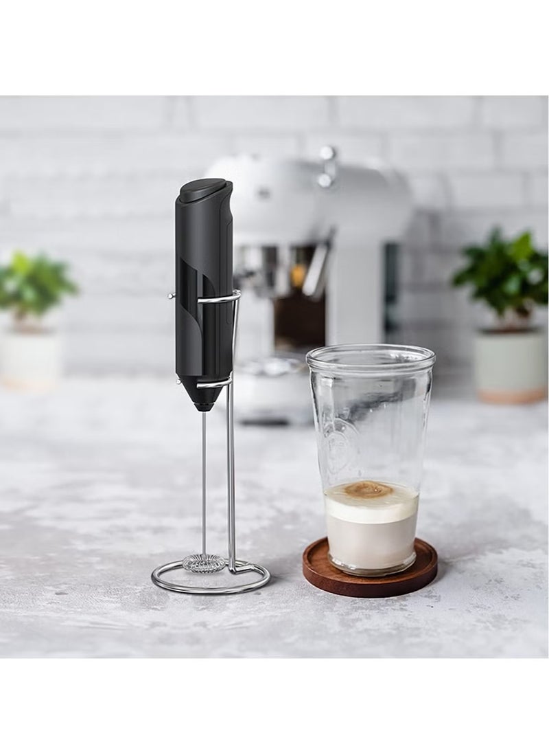 Handheld Milk Frother with Stand – Battery Operated Mini Electric Mixer for Coffee, Lattes, Cappuccinos, Matcha, and Hot Chocolate (Black)