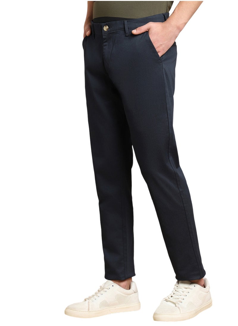 Navy Casual Trousers for Men, Slim Fit, Cotton Lycra